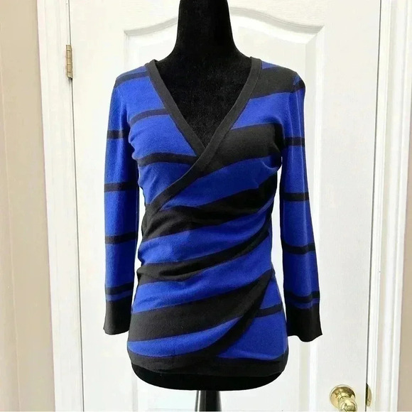 Ricki’s Wrap Front Sweater Deep V Neckline Thin Knit Blue Black Stripes  XS - Picture 12 of 15